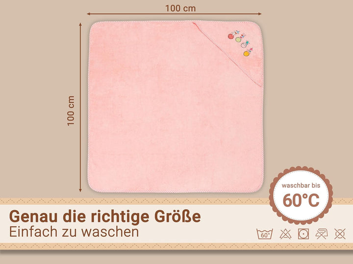 ZOLLNER Baby Kapuzenbadetuch, Kapuzenhandtuch, 100x100 cm, Baumwolle, rosa, Rosa
