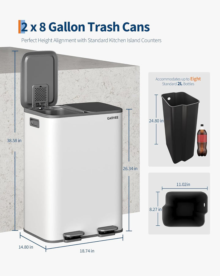 GarveeHome Mülleimer Küche, 2 x 30 L, Mülltrennsystem 2 Fächer, Metall-Tretmülleimer mit Seitlichem