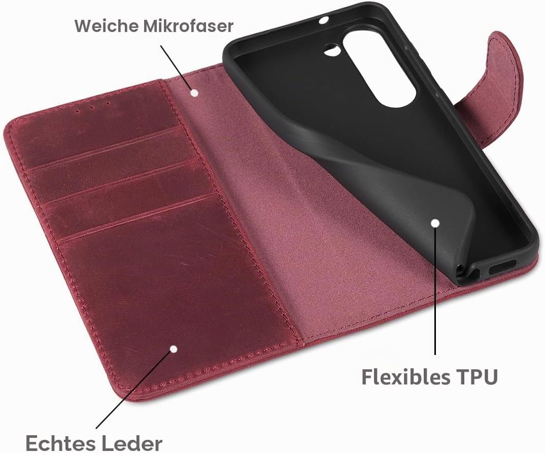 LENSUN Lederhülle für Samsung Galaxy S23, Echtleder Handyhülle [Kartenfach][Klappbar][Echtes Leder H