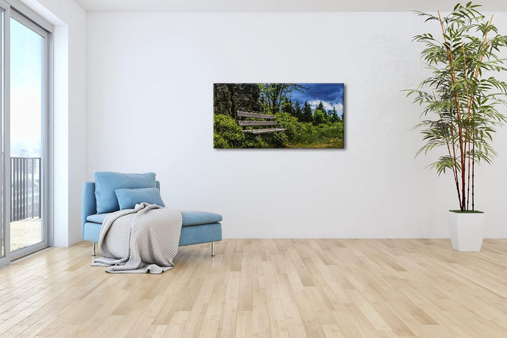 einsame Bank am Waldrand Panorama 120x60 cm als Leinwandbild, Motiv fertig gerahmt auf Echtholzrahme
