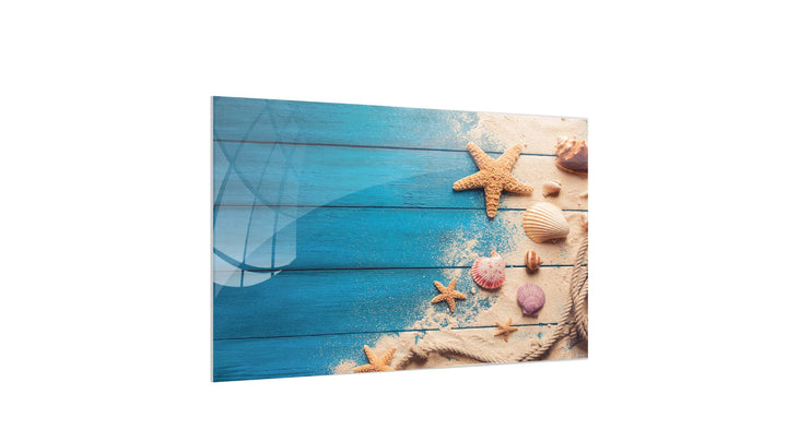 ALLboards Glas Magnettafel MUSCHELN BLAUES HOLZ SAND SEIL 90x60cm Glasbild Memoboard aus Glas Glasta