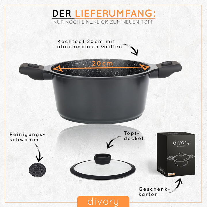 DIVORY Grosser Kochtopf 20cm – 3L Topf gross mit Deckel, Gemüsetopf Induktion, Suppentopf mit abnehm
