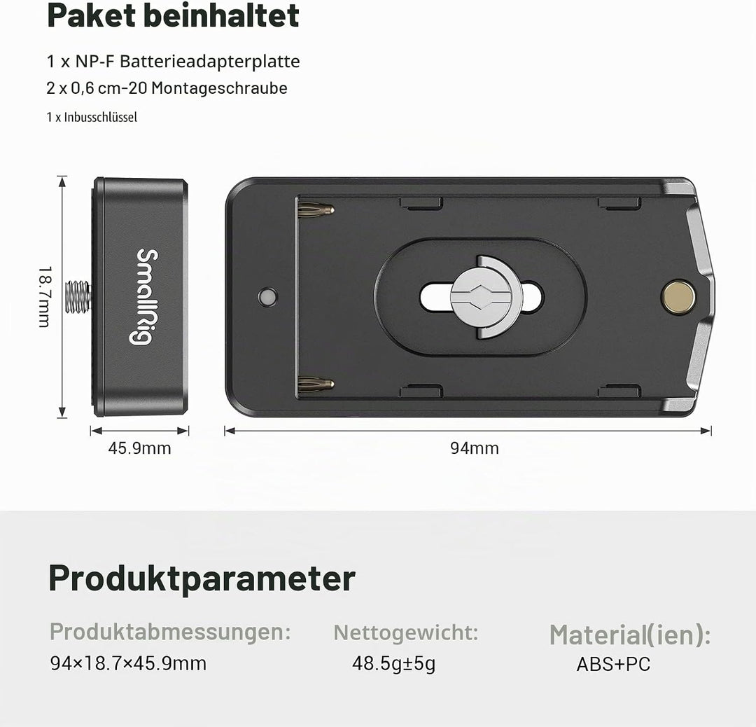 SMALLRIG NP-F Akku Adapterplatte Lite für Sony A7 A9 / BMPCC 4K 6K / GH5 / Z6 Z7, mit 12V DC / 7,4V