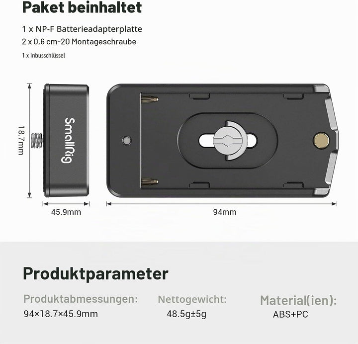 SMALLRIG NP-F Akku Adapterplatte Lite für Sony A7 A9 / BMPCC 4K 6K / GH5 / Z6 Z7, mit 12V DC / 7,4V