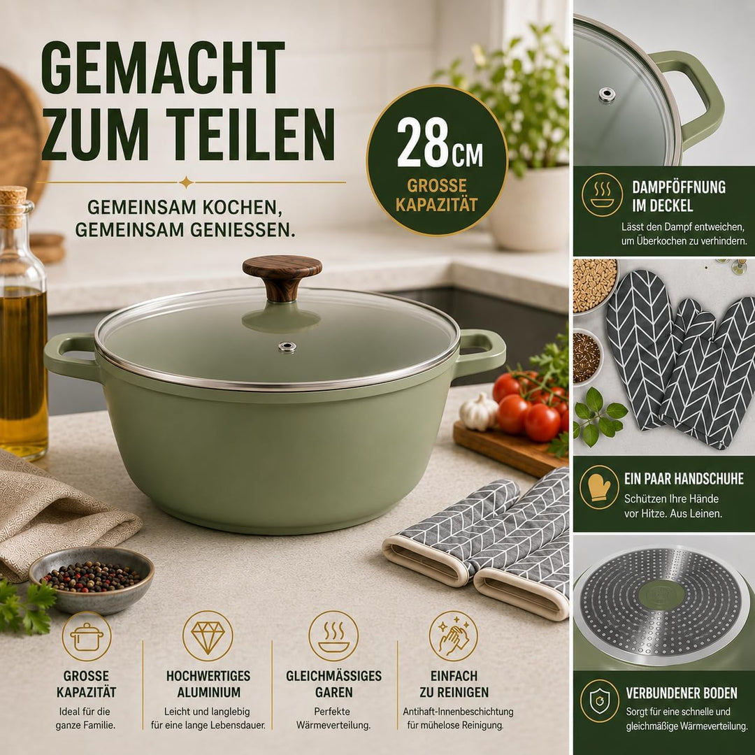 Royal Swiss® Kochtopf Ø 28 cm – 6 L – Induktionsgeeignet & Ofenfest – Gussaluminium mit Marmor-Antih
