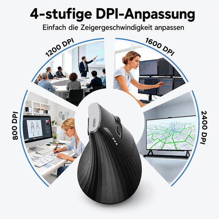 Ergonomische Maus Kabellos, 2,4GHz Vertikale Maus mit USB-Empfänger, Wiederaufladbar per USB-C, 4 DP