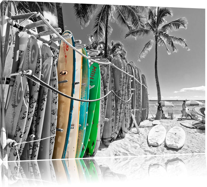 bunter Surfboards am Strand schwarz/weiss Format: 100x70 auf Leinwand, XXL riesige Bilder fertig ger