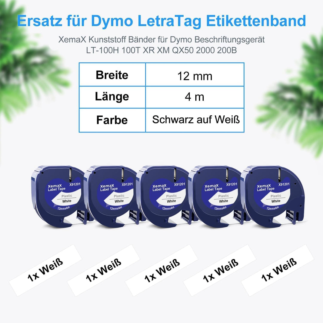 5x XemaX Etiketten Kompatibel für Dymo Letratag Etikettenband 91201 91221 S0721660 12mm x 4m Band Sc