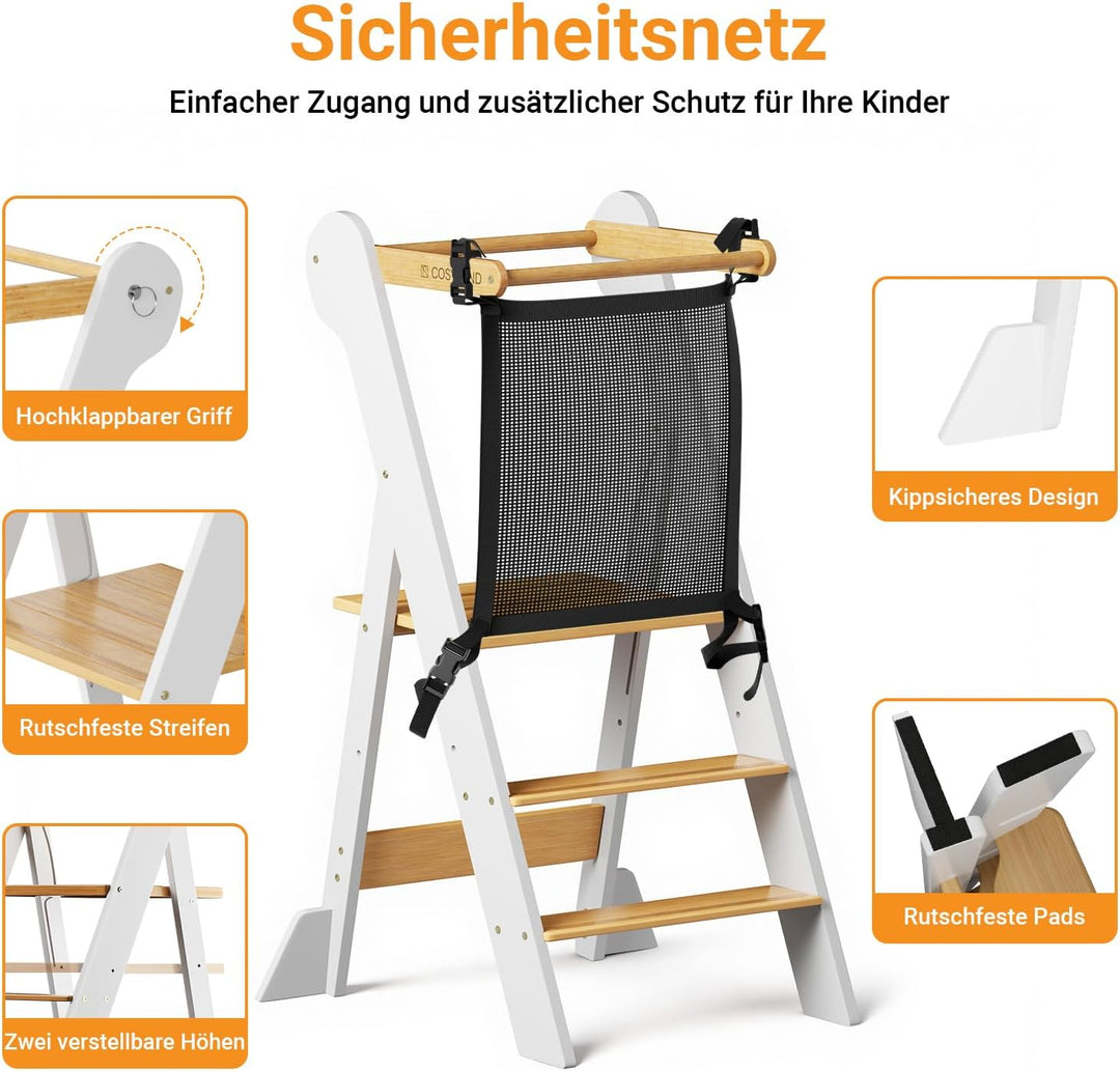 COSYLAND Montessori Lernturm ab 1 Jahr klappbar – Höhenverstellbarer Kinder Lernturm | Faltbarer Mon