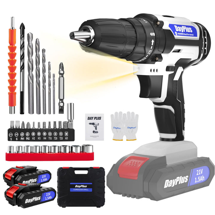 21V Akku Bohrschrauber Set,Weiss Akkuschrauber Set mit 2 * 1500mAh Akku,Akkubohrer 45Nm Drehmoment，2