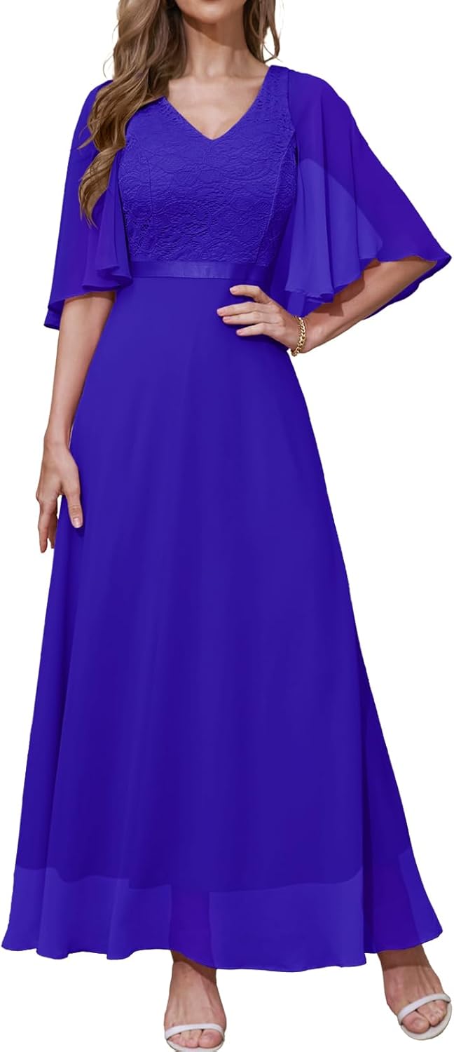 DRESSTELLS Damen Ballkleid Lang Abendkleider Elegant für Hochzeit mit Kurze Ärmel XXL Royal Blue, XX