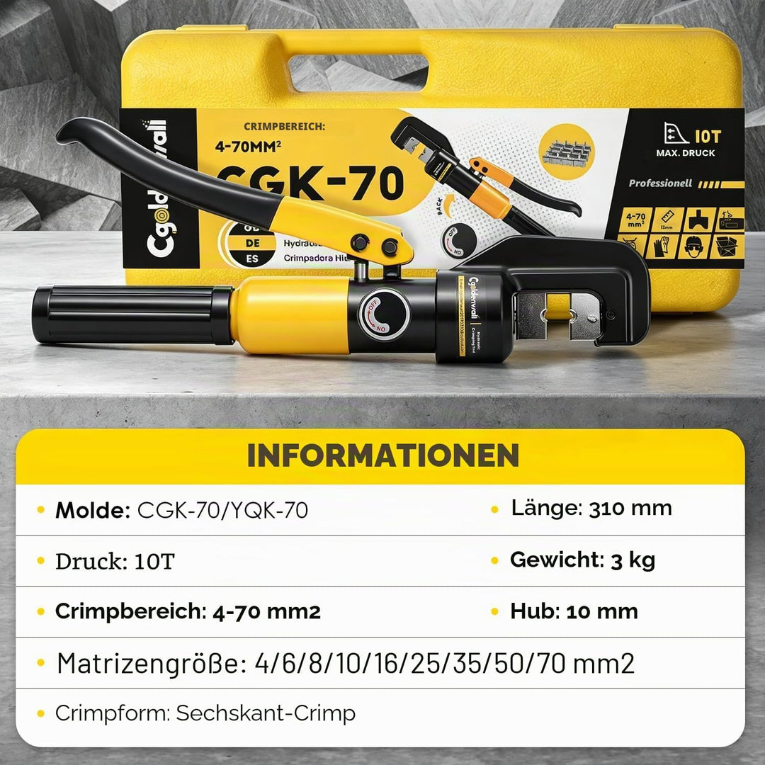 CGOLDENWALL 10T Hydraulische Crimpzange mit 9 Sätzen der Crimpformen 4-70 mm² für Kupfer-Aluminium-K