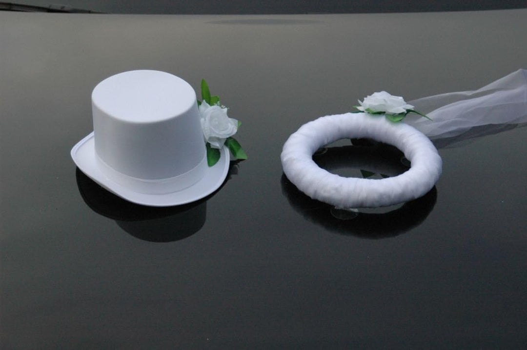 Schleier UND Hut Autoschmuck Rose Car Dekoration Hochzeit Wedding ®Auto-schmuck (Reinweiss/Weiss) Re