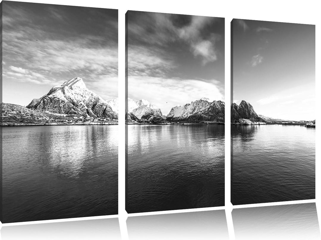 Pixxprint Lofoten in Norwegen Kunst B&W als Leinwandbild | Grösse: 3 Teilig (120x80) | Wandbild| Kun