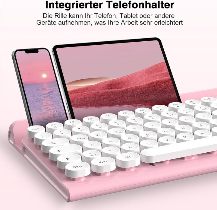 Maus und Tastatur,RaceGT Tastatur Kabellos Schreibmaschine Tastatur Rosa Funktastatur mit Maus Retro