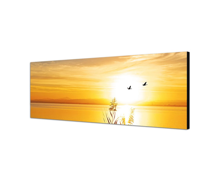 Augenblicke Wandbilder Leinwandbild als Panorama in 150x50cm See Gräser Vögel Sonnenuntergang