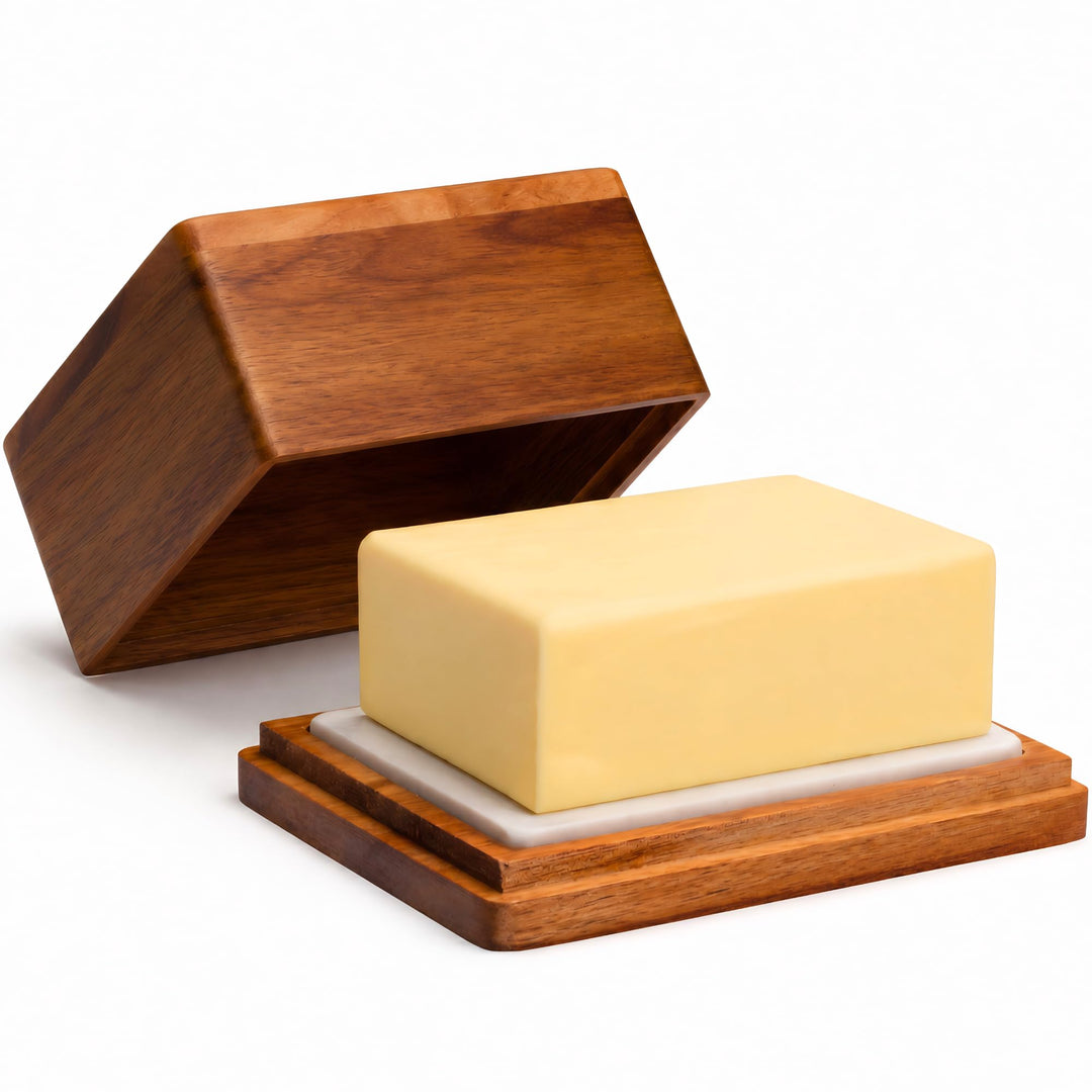 CALIDORO Butterdose Akazie mit Marmorplatte - Butterbox für streichzarte Butter (250g) - Holz Butter