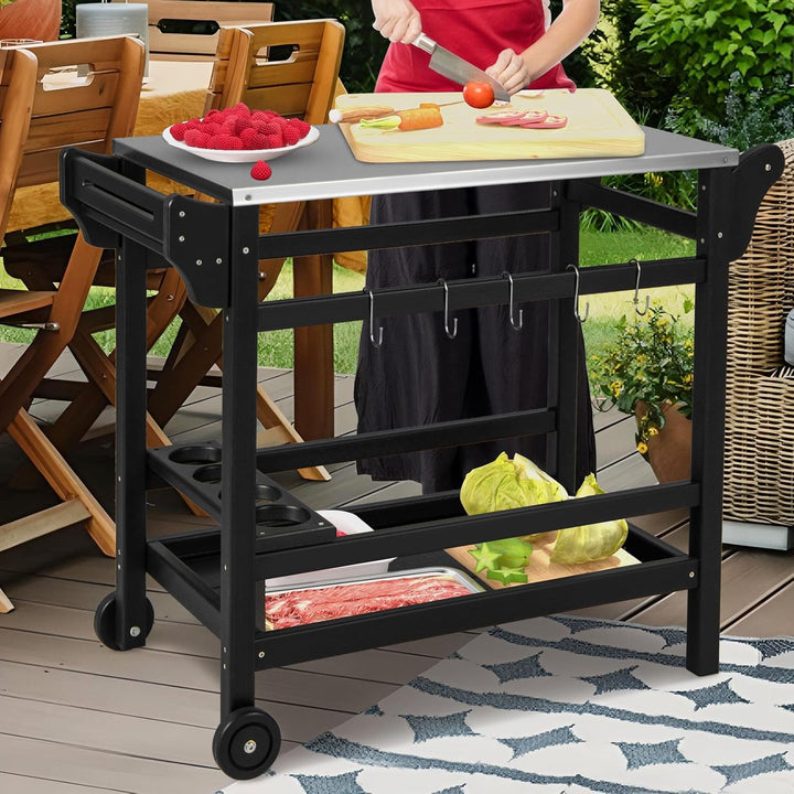 COSTWAY Grillwagen aus HDPE, Grilltisch mit Gewürztablett, Weinflaschenregal, Griff & 2 Rollen, Arbe