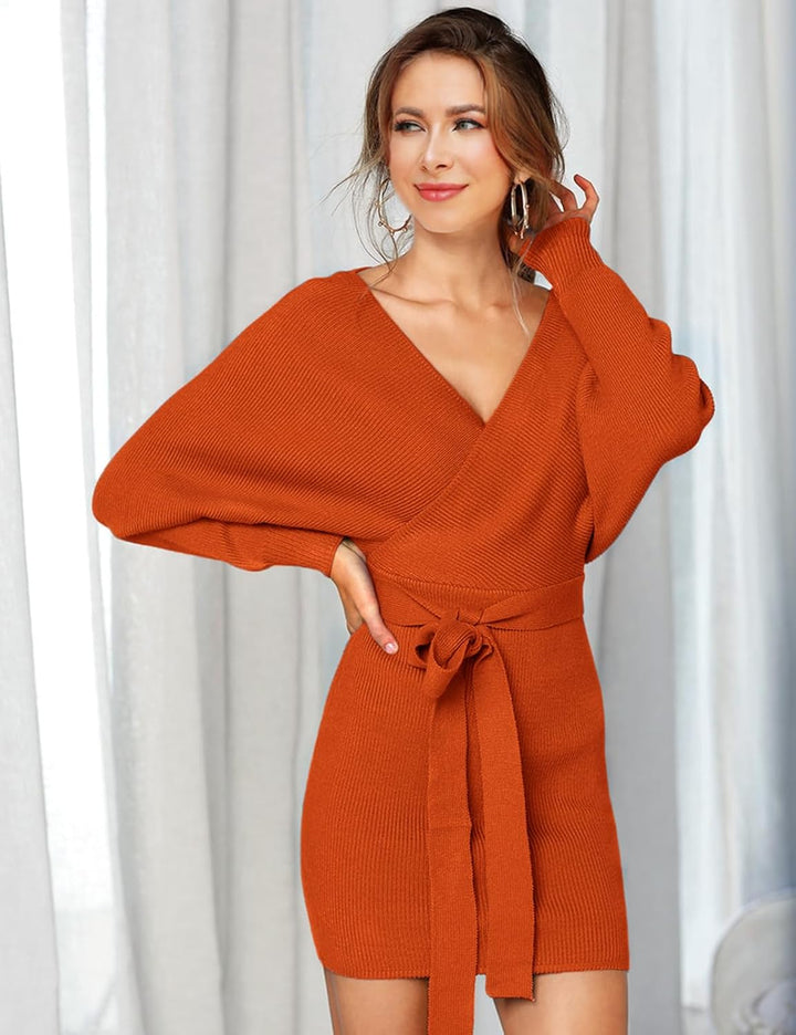 Vancavoo Strickkleid Damen Pulloverkleid V-Ausschnitt Elegant Langarm Pullover Winterkleid Strickpul