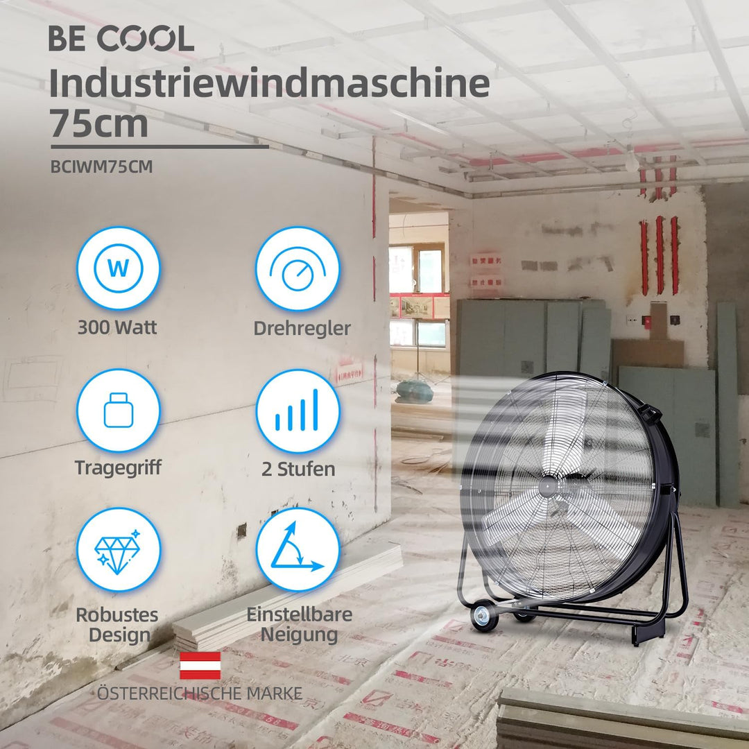 Be Cool Industrie-Windmaschine 75cm BCIWM75CM – Fahrbarer Trommelventilator, Ø 75 cm (30"), 300 Watt