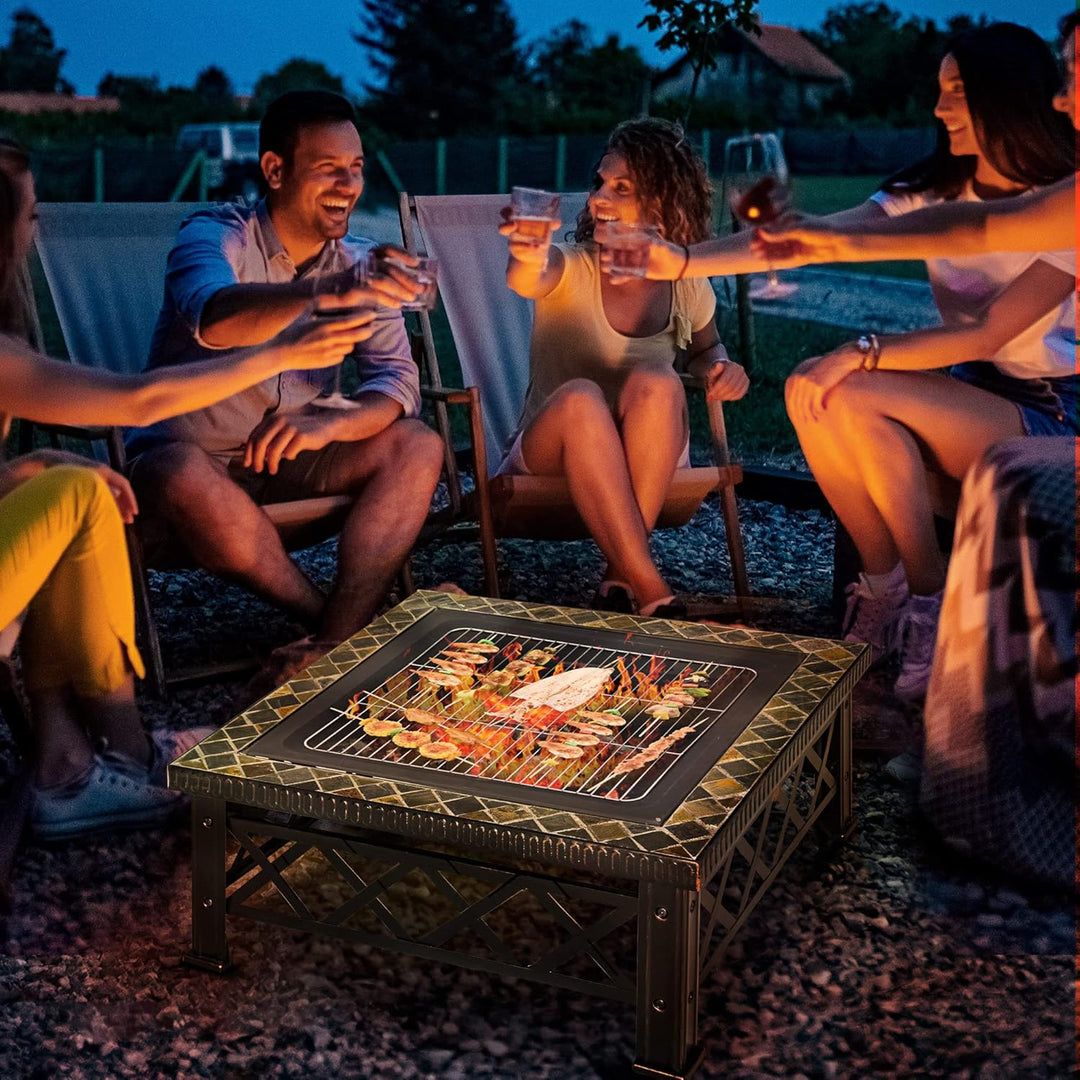 Outsunny 3-in-1 Feuerschale Feuerkorb Feuerstelle mit Funkenschutz Grillrost Eiskübel Garten BBQ Sch