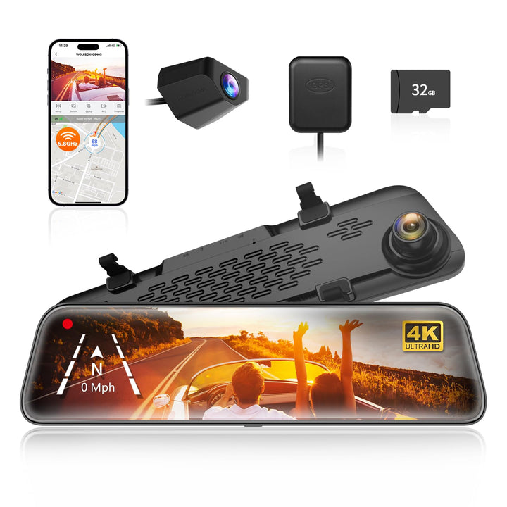 WOLFBOX 12" G840S 1296P Spiegel Dashcam mit Rückfahrkamera, Auto Kamera mit IPS-Touchscreen Dual Das