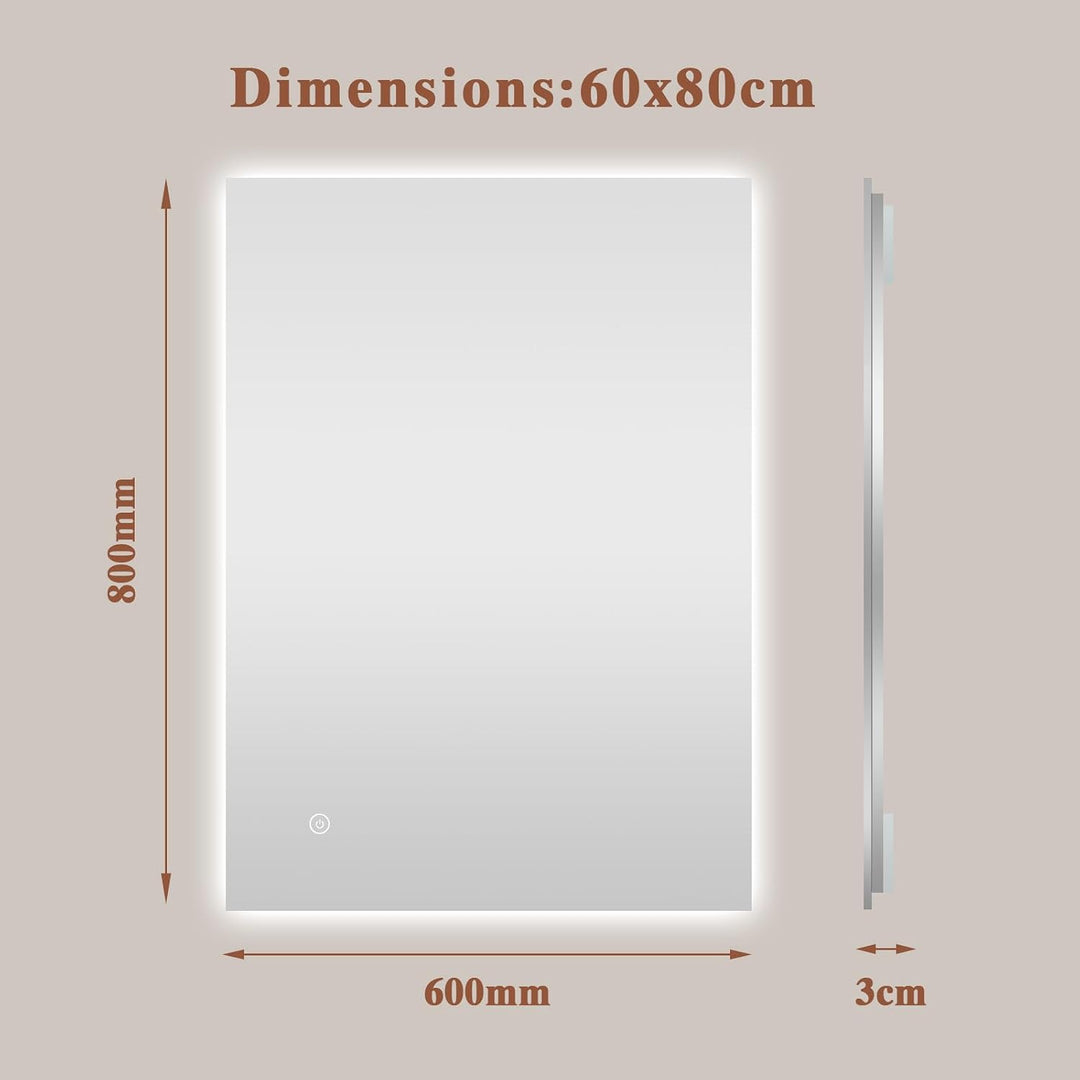 Badspiegel-mit-Beleuchtung 80x60cm - Badezimmerspiegel LED Badezimmer Spiegel mit Beleuchtung, Touch
