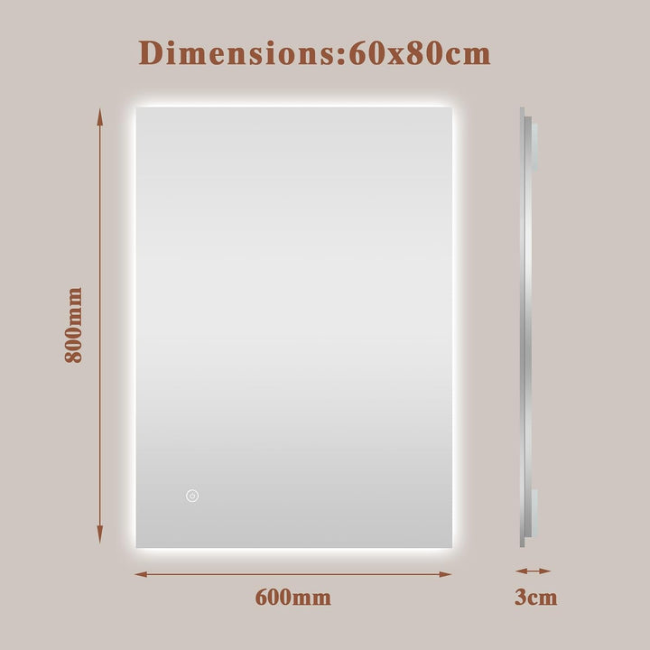 Badspiegel-mit-Beleuchtung 80x60cm - Badezimmerspiegel LED Badezimmer Spiegel mit Beleuchtung, Touch