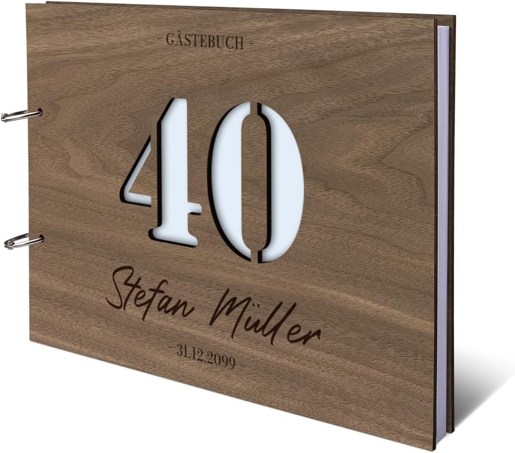 Individuelles Gästebuch zum 40. Geburtstag – Echtes Holz mit Persönlicher Gravur, Zahl ausgestanzt –