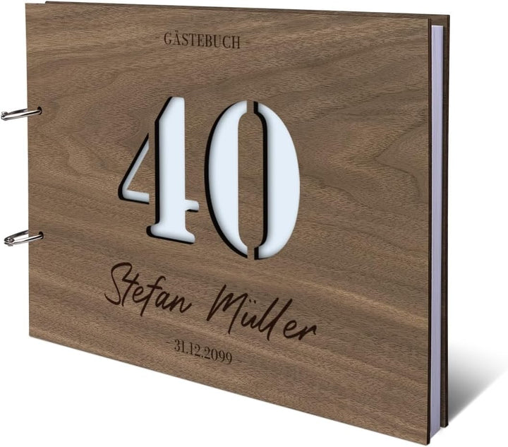 Individuelles Gästebuch zum 40. Geburtstag – Echtes Holz mit Persönlicher Gravur, Zahl ausgestanzt –