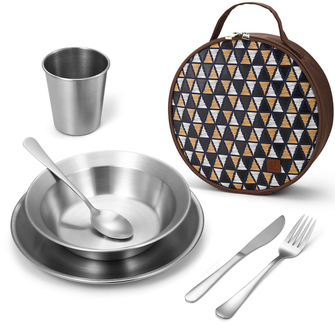 Odoland Campingbesteck Set Geschirrset 7 PCS aus Edelstahl Tafelservice mit Etui Messer Gabel Löffel
