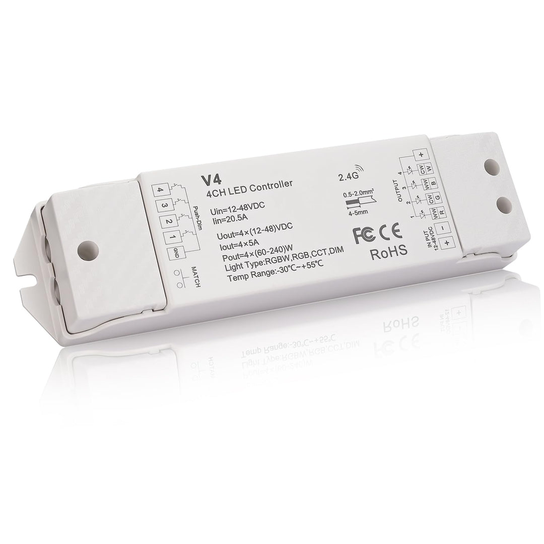 JOYLIT LED Streifen Controller 12-48V 4 Polig 5A/CH 4 in 1, 2.4G PWM Dimmbarer Farbwechsel RGB RGBW