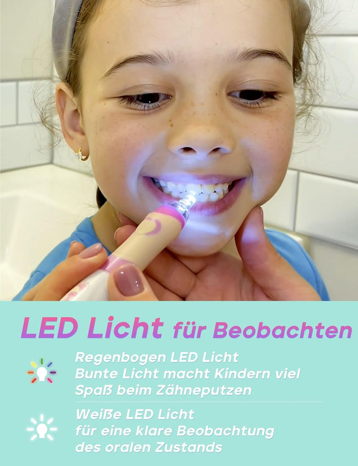 Seago Elektrische Zahnbürste Kinder mit 8 Extra Weiche Aufsteckbürste und 4 Persönliche Modi, LED Li