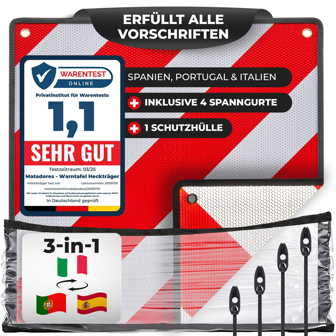 MATADORES Premium 2in1 Warntafel für Italien UND Spanien + Portugal inkl. Tasche | Aluminium, 50x50c