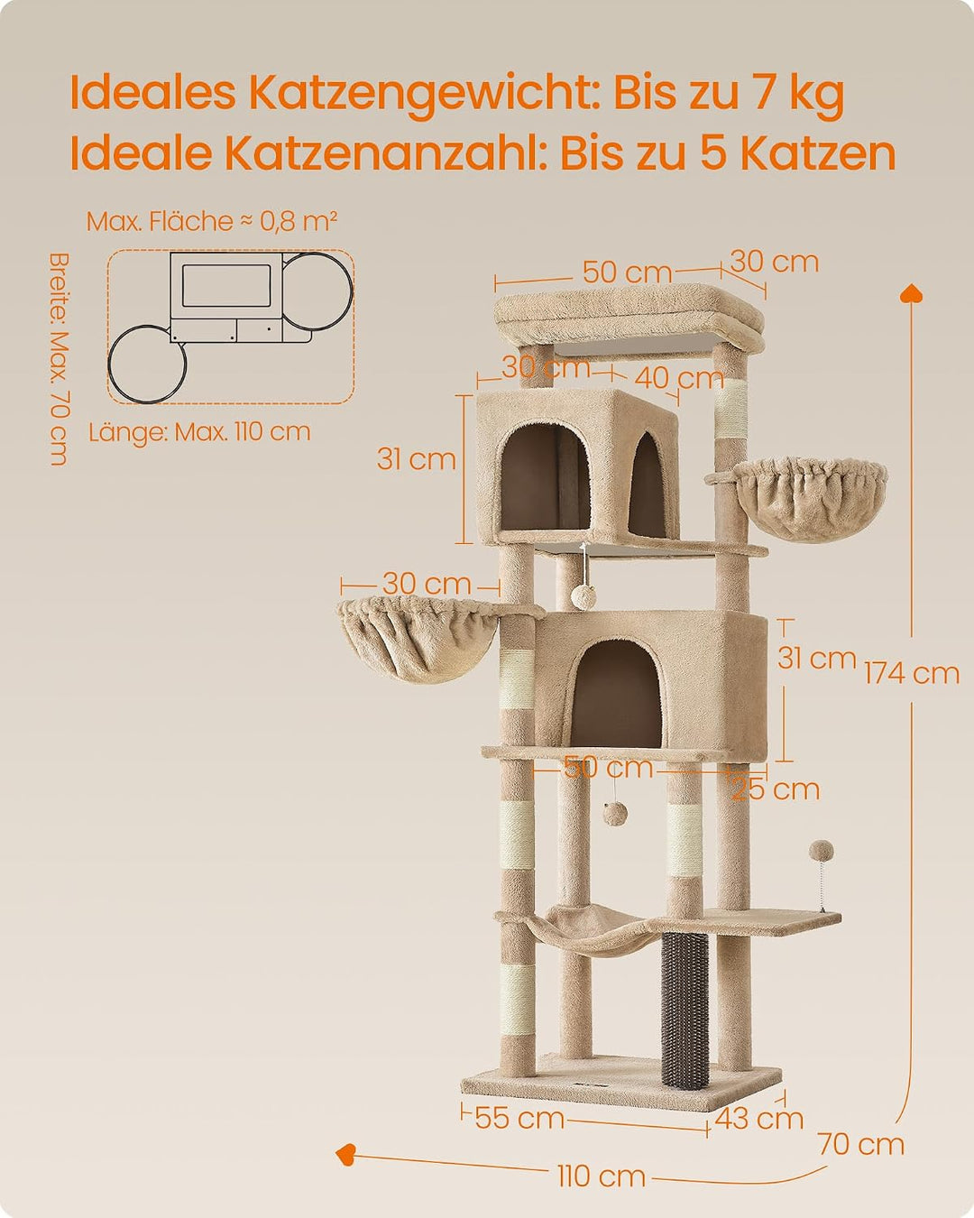 Feandrea Kratzbaum, 175 cm hoch, XL, mehrstöckiger Katzenbaum mit 2 Höhlen, 2 Liegemulden, 5 Kratzsä