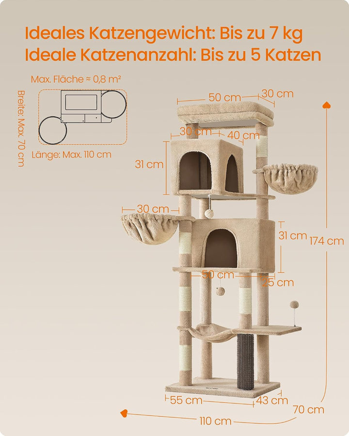 Feandrea Kratzbaum, 175 cm hoch, XL, mehrstöckiger Katzenbaum mit 2 Höhlen, 2 Liegemulden, 5 Kratzsä