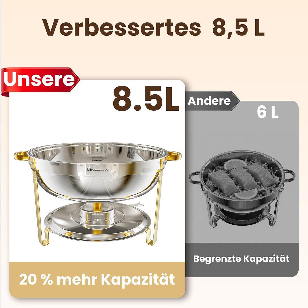WARMOUNTS Chafing Dish 4er Set 7,5L, Speisenwärmer Buffet Rund Edelstahl mit Gold-Akzenten &amp; Deckelh