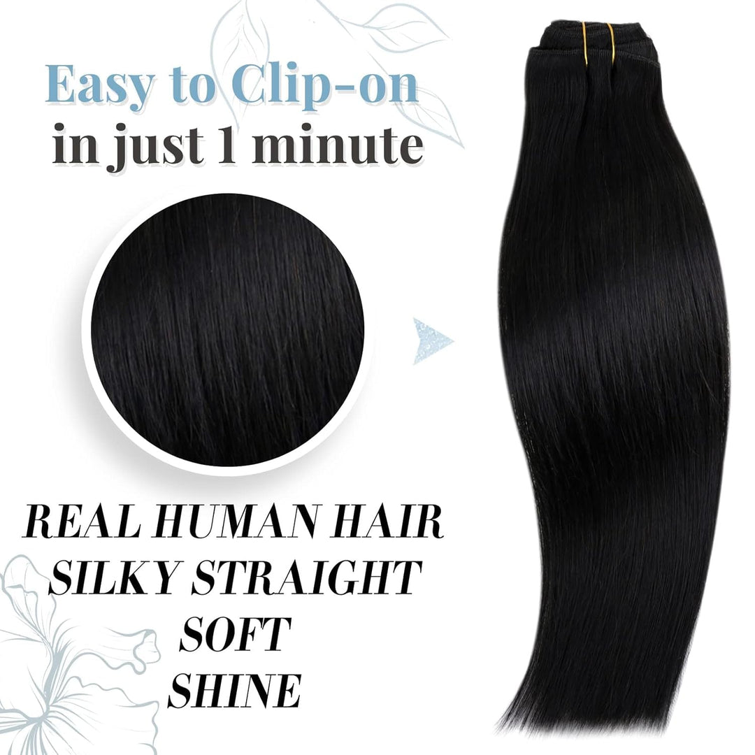 RUNATURE Clip Echthaar Extensions Aus Schwarz Remy Clip in Kurz Haarverlangerung Glatt Haar Clip in