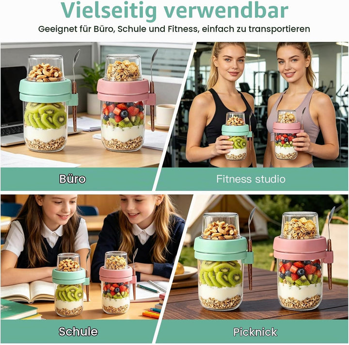 4er Set Müslibecher to Go mit Löffel, 480ml+120ml Overnight Oats Gläser, Joghurtbecher to go mit Dop