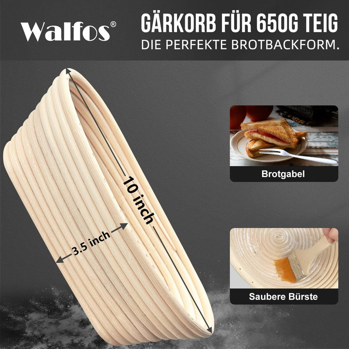 Walfos® Gärkorb Oval Banneton Gärkörbe zum Brotbacken Set, inklusive 100% natürlichem Rattan, Pinsel