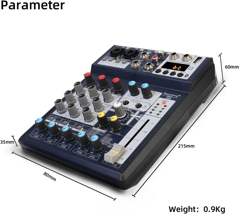 Depusheng DE8 Tragbare Mini-Mixer-Audio-DJ-Konsole mit Soundkarte, USB, 48-V-Phantomspeisung für PC-