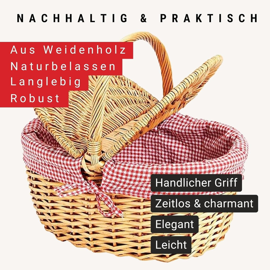 WOMA Weidenkorb mit rot weiss kariertem Innenfutter I Geflochtener Natur Korb mit Deckel & Henkel I