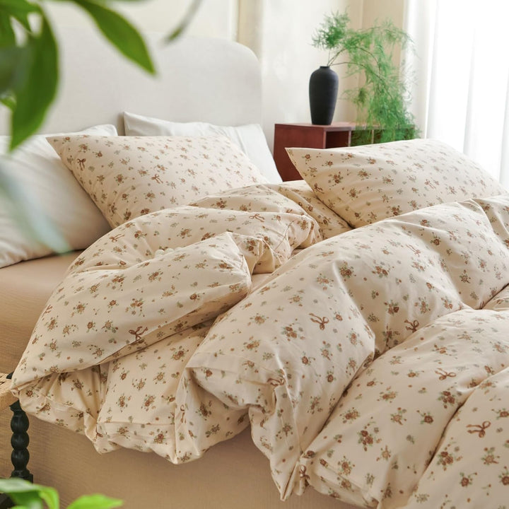Tospass Baumwolle Bettwäsche Set 135x200cm Beige Khaki Grün Blumen Floral Schleife Mädchen Wendebett