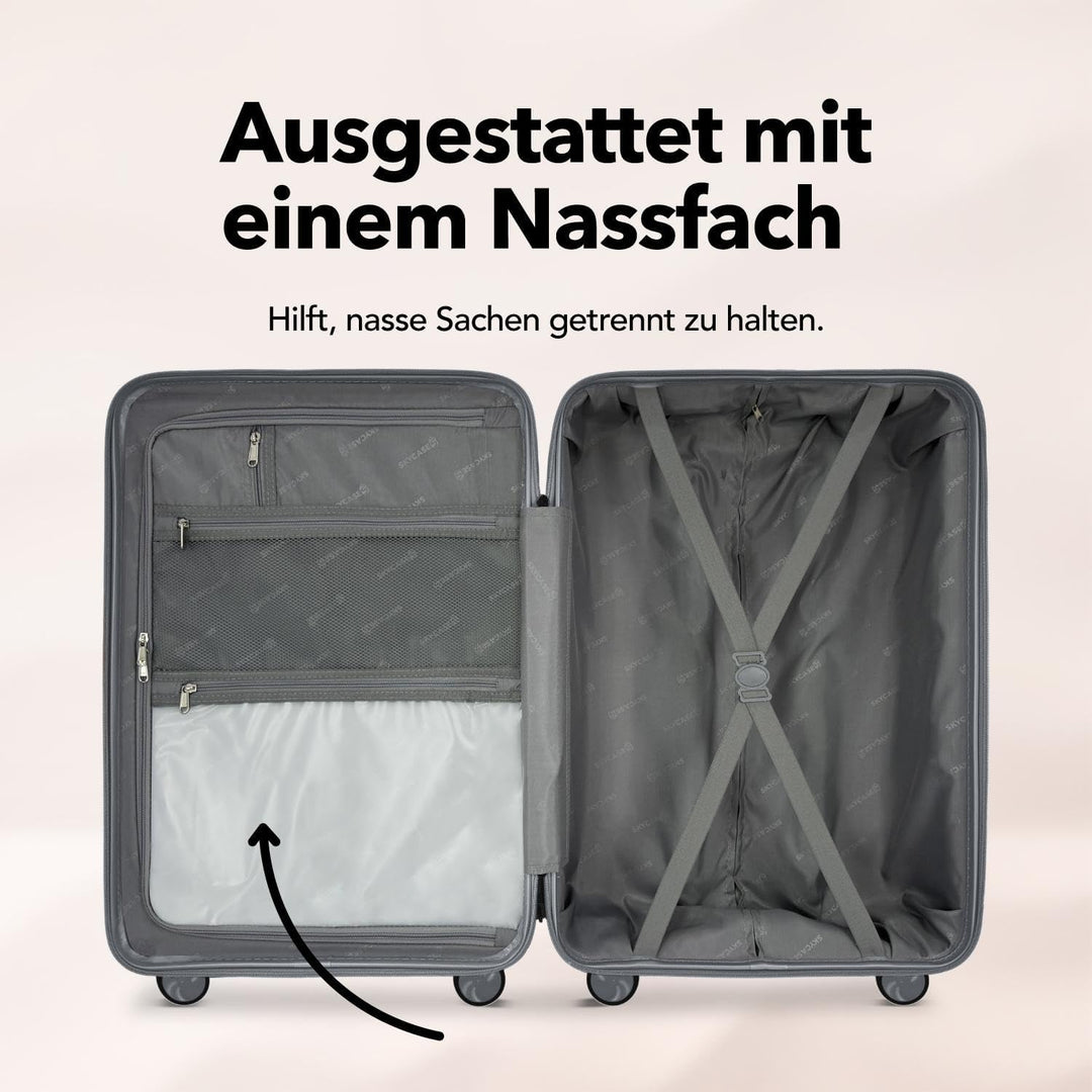 Travel One Kofferset 4-teilig – Anthrazit – Hartschalen Trolley-Set 32/60/98L, Zahlenschloss & 360°