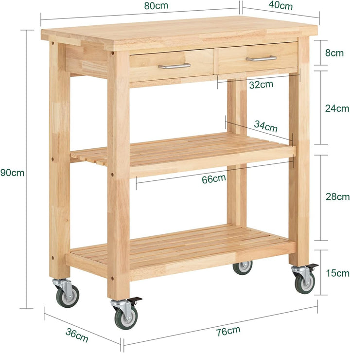 SoBuy FKW24-N Servierwagen aus Gummi-Holz,Küchenwagen,Küchenregal, Rollwagen,B80xT40xH90cm, B80xT40x