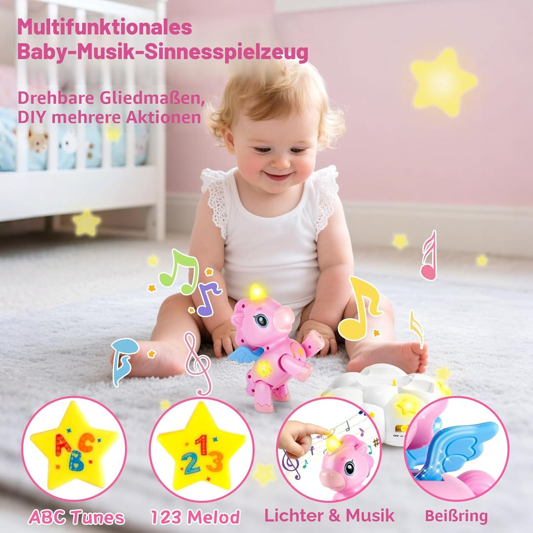 2-in-1 Einhorn Wolken Baby Spielzeug mit 3 Entwicklungsstufen für Tummy Time,Krabbeln mit Licht & Mu