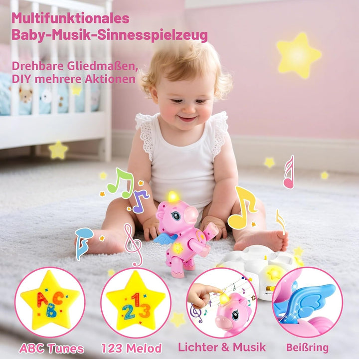 2-in-1 Einhorn Wolken Baby Spielzeug mit 3 Entwicklungsstufen für Tummy Time,Krabbeln mit Licht & Mu