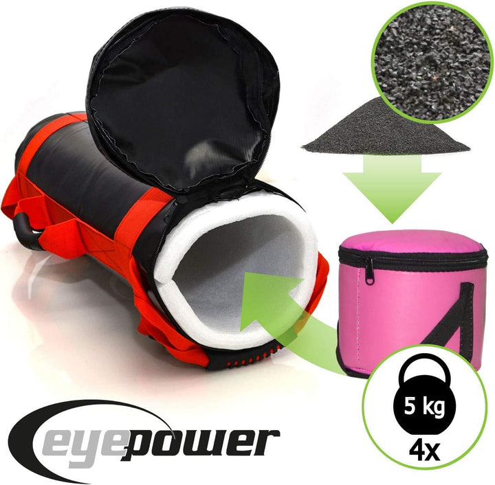 EYEPOWER 20kg Power Bag + 4 Kettlebell Gewichte - Befüllt mit Eisensand - Besser als Geräte: 6 Griff