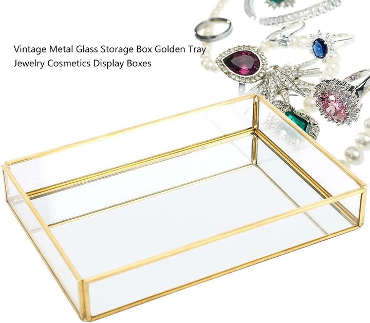 Retro Spiegeltablett, Dekotablett Gold Glastablett Tablett Vintage Metall Glas Aufbewahrungsbox Kosm