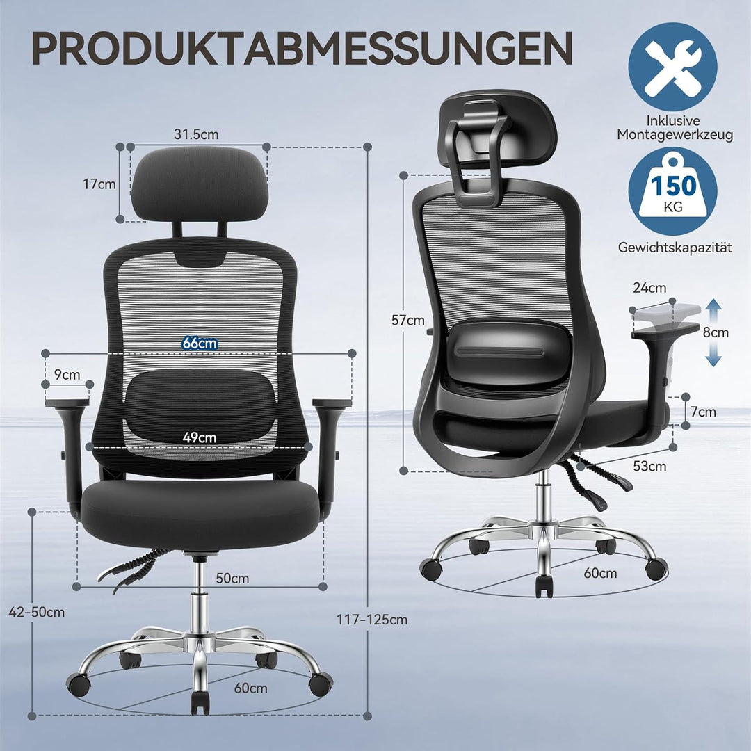naspaluro Ergonomischer Bürostuhl mit Netzrücken, höhenverstellbar, feststellbare Rückenlehne, Schre